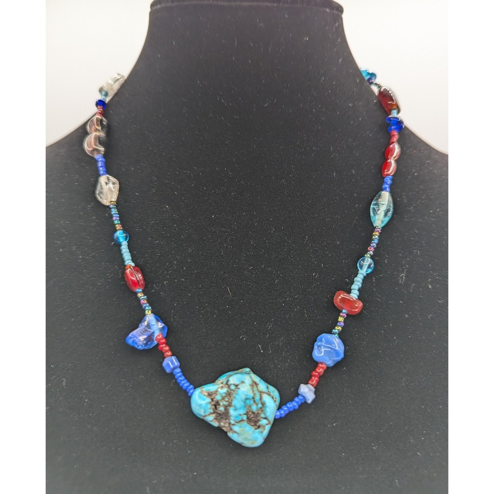 Artisan Beaded Necklace Turquoise Style Stone Blue Red Glass Boho Statement 18in